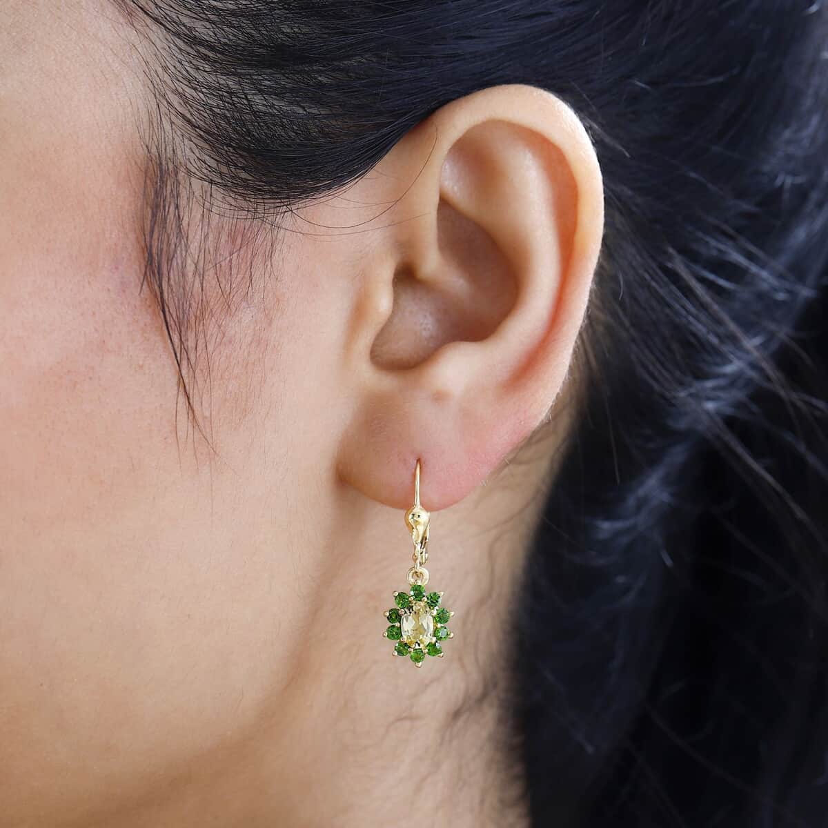 Brazilian Sunfire Beryl and Chrome Diopside Lever Back Earrings in Vermeil Yellow Gold Over Sterling Silver 1.60 ctw image number 2