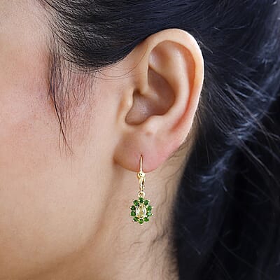 Brazilian Sunfire Beryl and Chrome Diopside Lever Back Earrings in Vermeil Yellow Gold Over Sterling Silver 1.60 ctw
