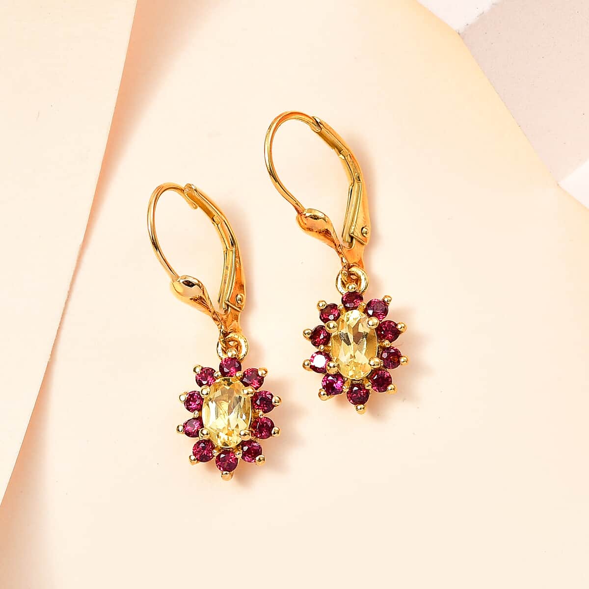 Brazilian Sunfire Beryl and Orissa Rhodolite Garnet Stud Earrings in Vermeil Yellow Gold Over Sterling Silver 1.85 ctw image number 1