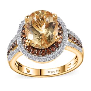 Brazilian Sunfire Beryl, Brown and White Zircon Double Halo Ring in Vermeil Yellow Gold Over Sterling Silver (Size 10.0) 3.30 ctw