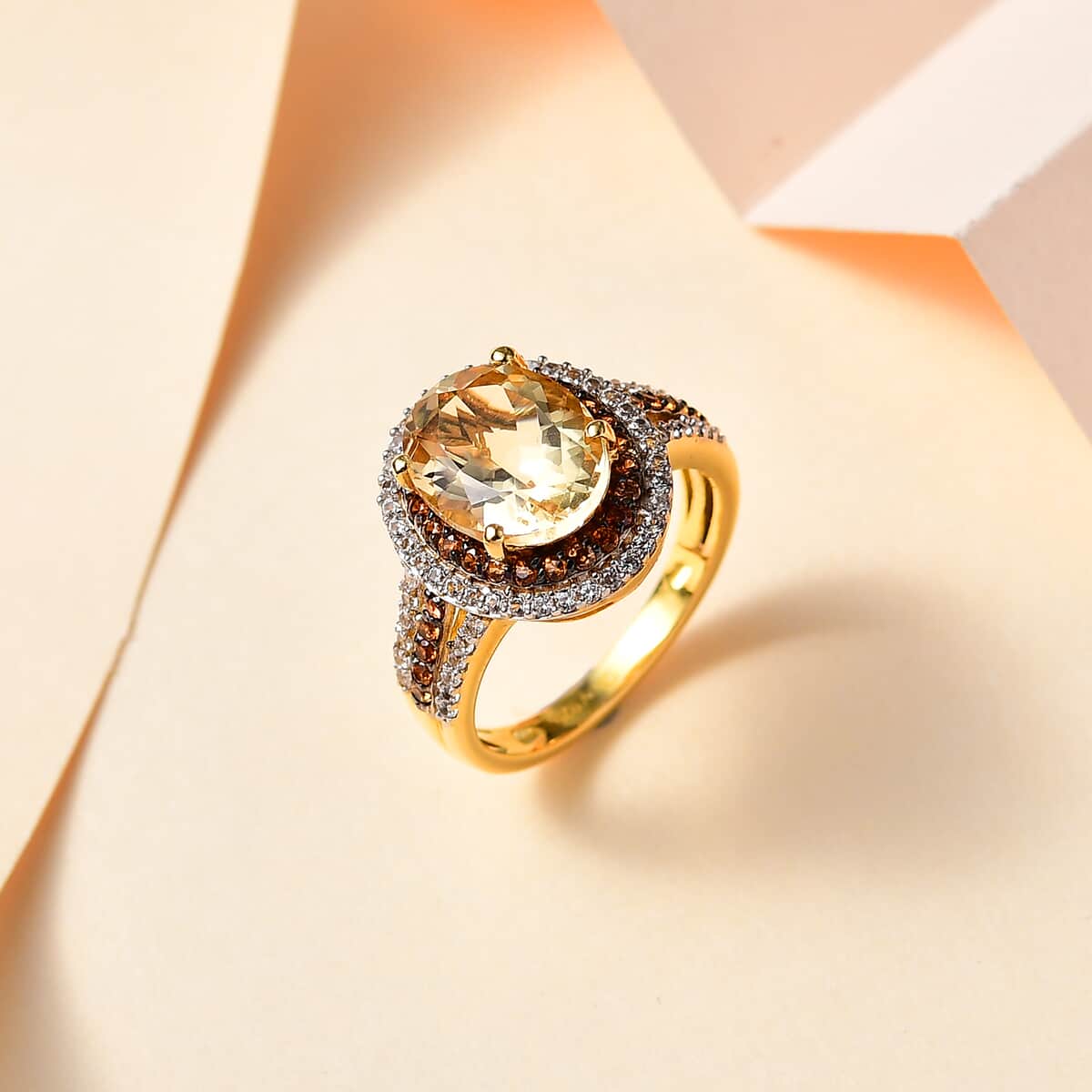 Brazilian Sunfire Beryl, Brown and White Zircon Double Halo Ring in Vermeil Yellow Gold Over Sterling Silver (Size 10.0) 3.30 ctw image number 1