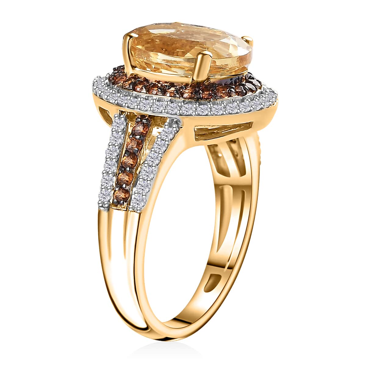 Brazilian Sunfire Beryl, Brown and White Zircon Double Halo Ring in Vermeil Yellow Gold Over Sterling Silver (Size 5.0) 3.30 ctw image number 3