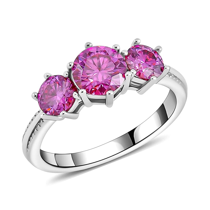 Pink Moissanite Trilogy Ring in Platinum Over Sterling Silver (Size 10.0) 1.85 ctw