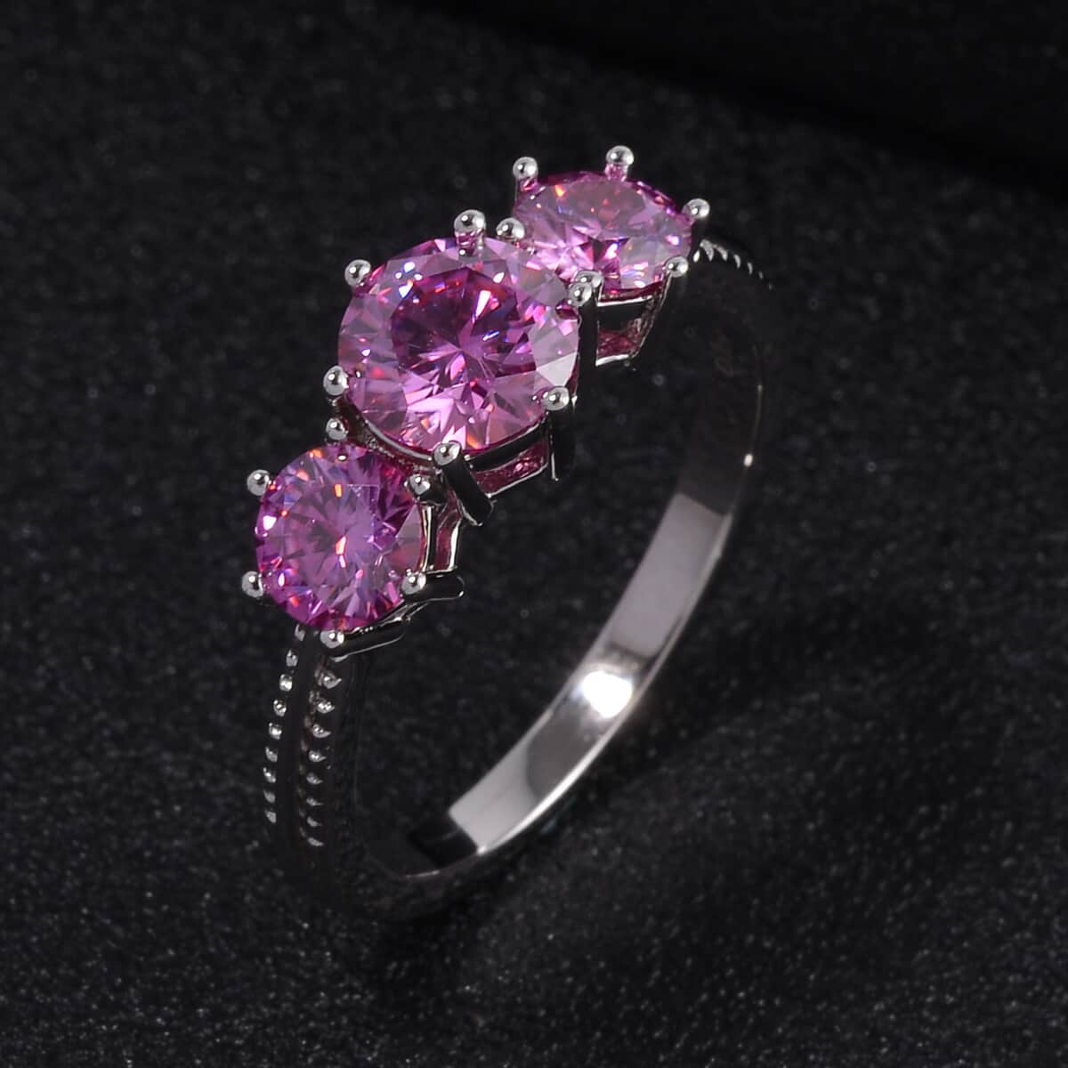 Pink Moissanite (Rnd 6.5mm) Trilogy Ring in Vermeil RG Over Sterling Silver (Size 7.0) 1.85 ctw image number 1