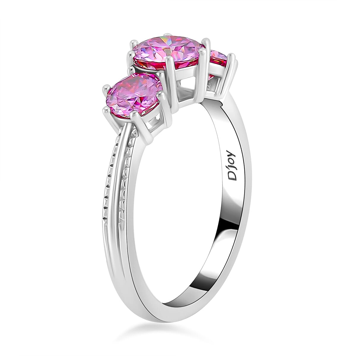 Pink Moissanite Trilogy Ring in Platinum Over Sterling Silver (Size 10.0) 1.85 ctw