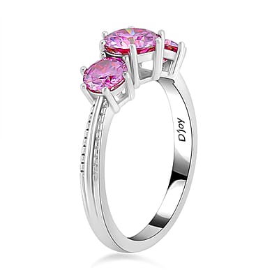 Pink Moissanite Trilogy Ring in Platinum Over Sterling Silver (Size 10.0) 1.85 ctw