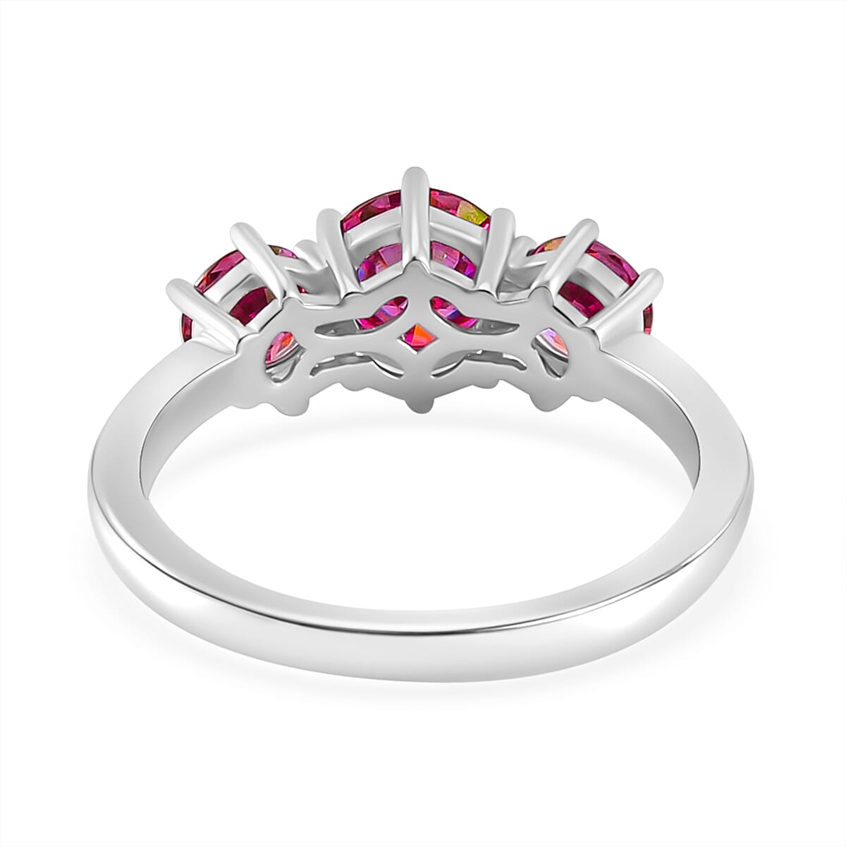 Pink Moissanite Trilogy Ring in Platinum Over Sterling Silver (Size 10.0) 1.85 ctw