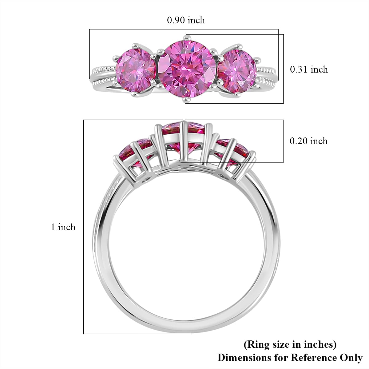 Pink Moissanite Trilogy Ring in Platinum Over Sterling Silver (Size 10.0) 1.85 ctw