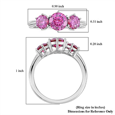 Pink Moissanite Trilogy Ring in Platinum Over Sterling Silver (Size 10.0) 1.85 ctw