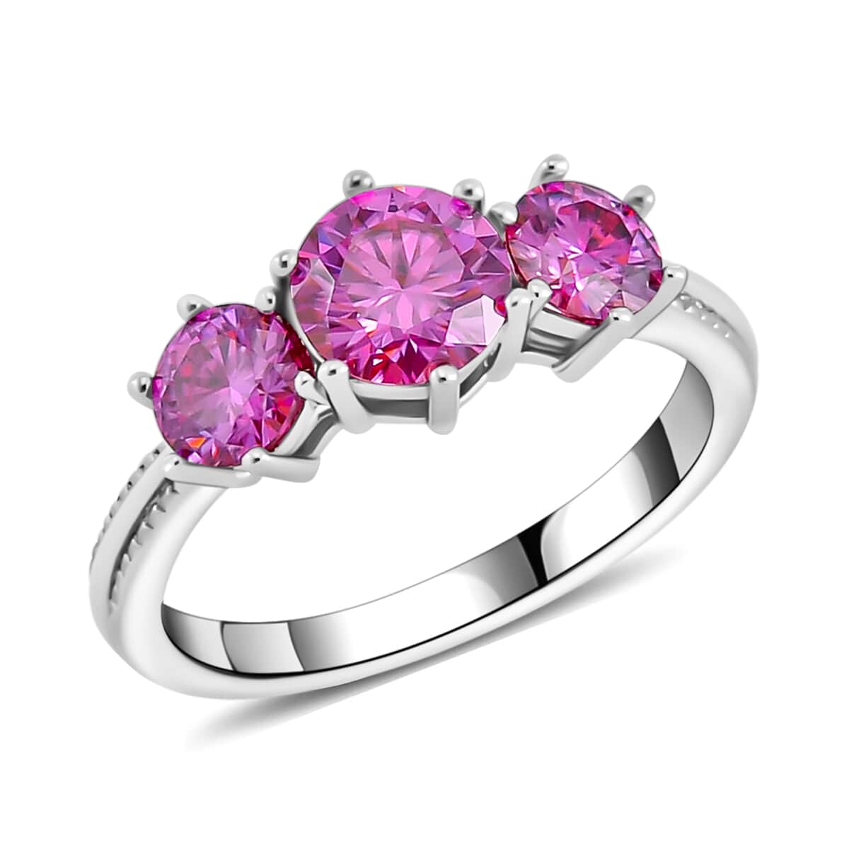 Pink Moissanite Trilogy Ring in Platinum Over Sterling Silver (Size 5.0) 1.85 ctw image number 0