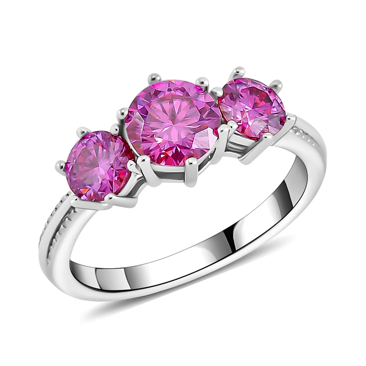 Pink Moissanite Trilogy Ring in Platinum Over Sterling Silver (Size 8.0) 1.85 ctw image number 0