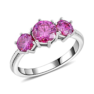 Pink Moissanite Trilogy Ring in Platinum Over Sterling Silver (Size 8.0) 1.85 ctw