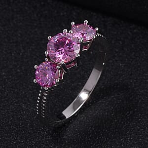 Pink Moissanite Trilogy Ring in Platinum Over Sterling Silver (Size 8.0) 1.85 ctw
