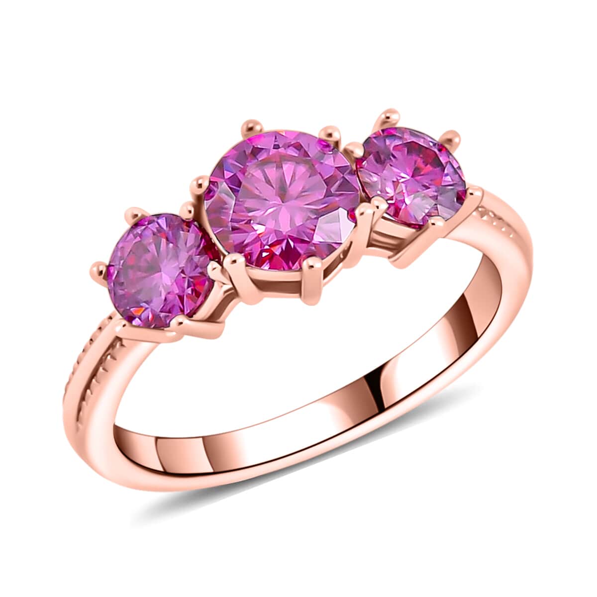 Pink Moissanite Trilogy Ring in Vermeil Rose Gold Over Sterling Silver (Size 5.0) 1.85 ctw image number 0