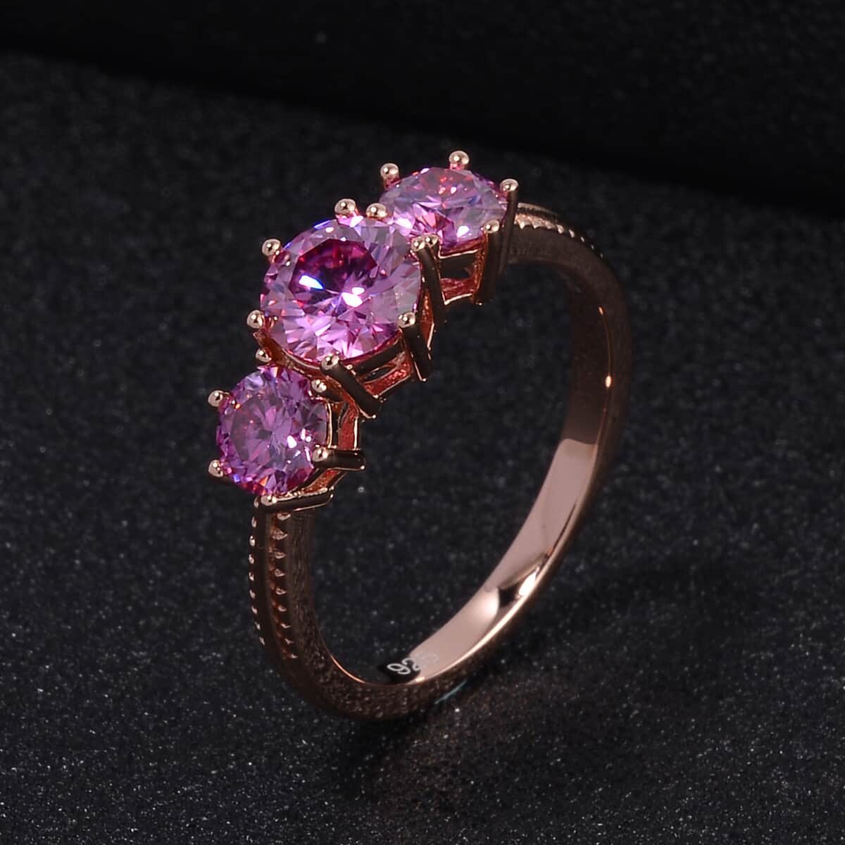 Pink Moissanite Trilogy Ring in Vermeil Rose Gold Over Sterling Silver (Size 5.0) 1.85 ctw image number 1