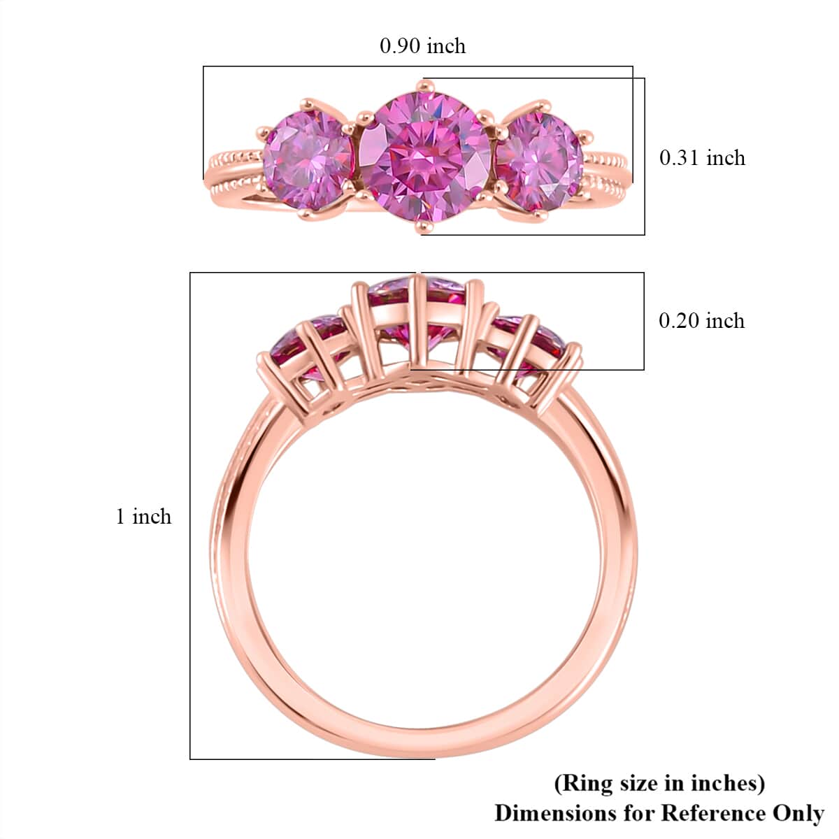 Pink Moissanite Trilogy Ring in Vermeil Rose Gold Over Sterling Silver (Size 5.0) 1.85 ctw image number 5