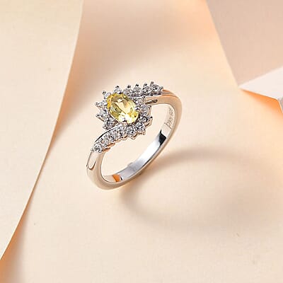 D'Joy Brazilian Sunfire Beryl and White Zircon Ring in Platinum Over Sterling Silver (Size 10.0) 0.80 ctw