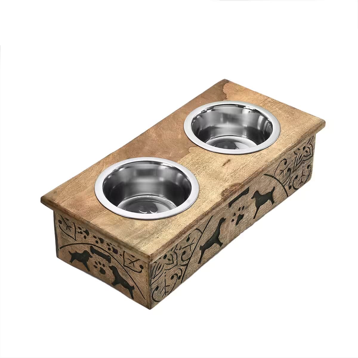 Nakkashi Hand Carved Mango Wood Pet Feeder with Stainless Steel Bowls image number 0