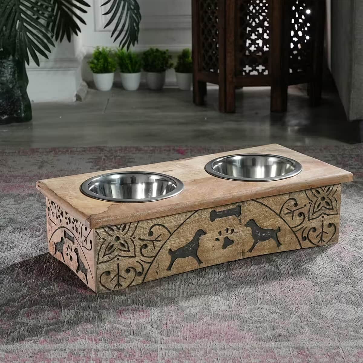 Nakkashi Hand Carved Mango Wood Pet Feeder with Stainless Steel Bowls image number 1