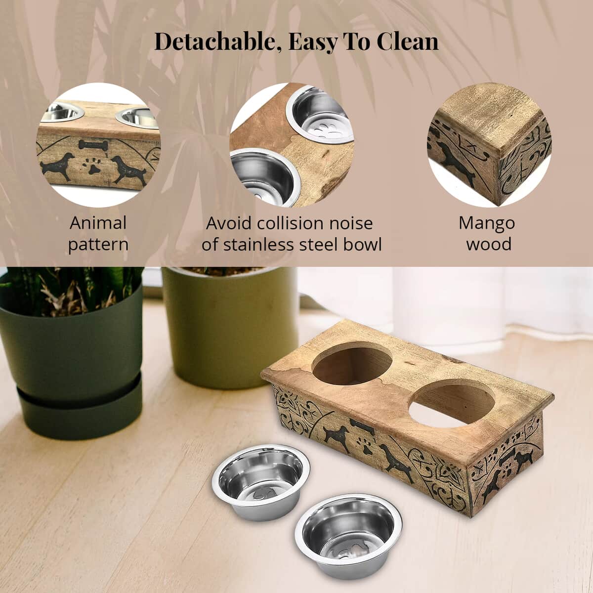 Nakkashi Hand Carved Mango Wood Pet Feeder with Stainless Steel Bowls image number 3