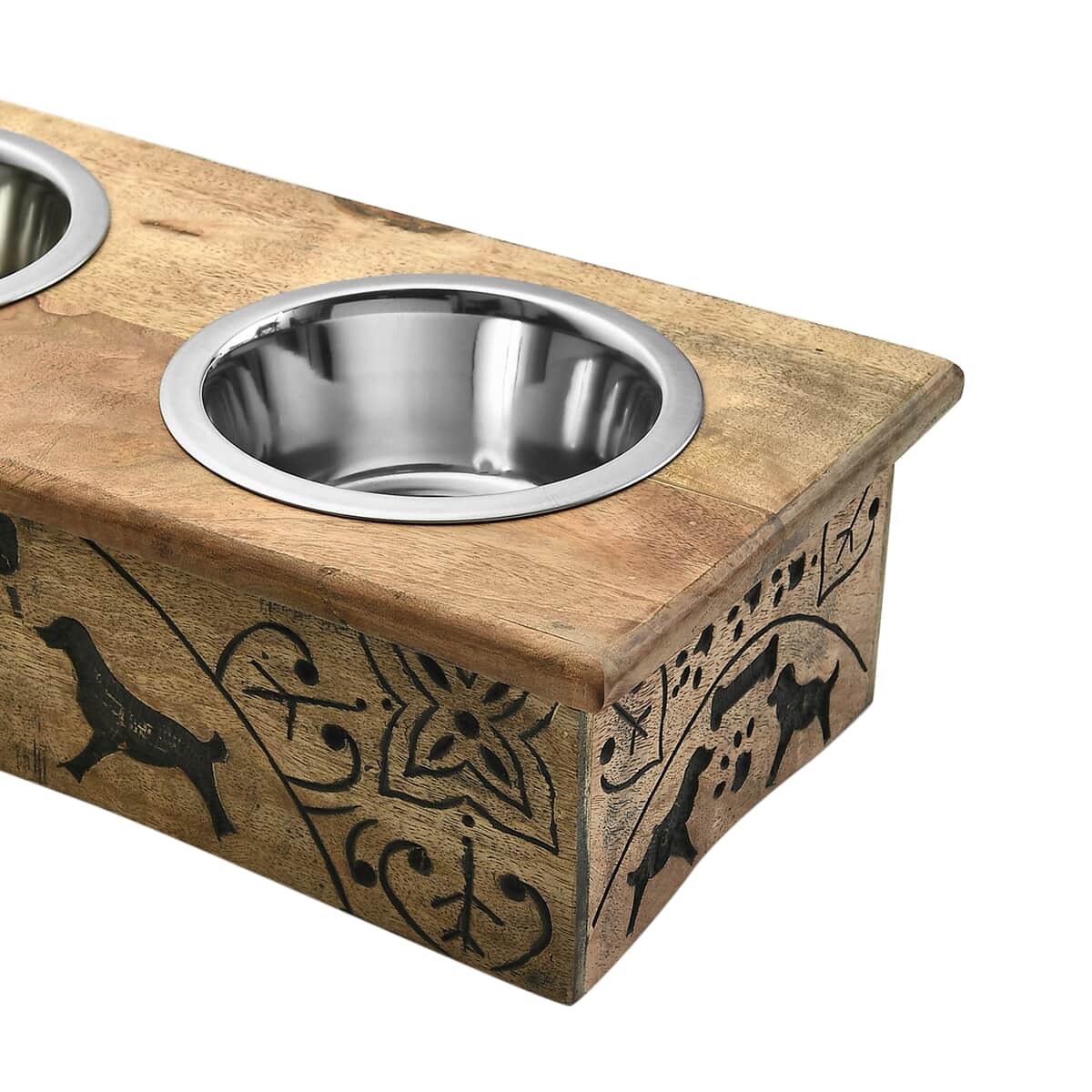 Nakkashi Hand Carved Mango Wood Pet Feeder with Stainless Steel Bowls image number 6