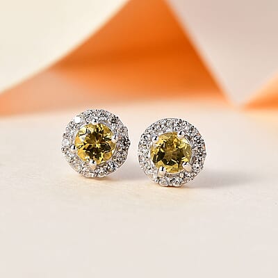 Brazilian Sunfire Beryl and White Zircon Stud Earrings in Platinum Over Sterling Silver 0.80 ctw