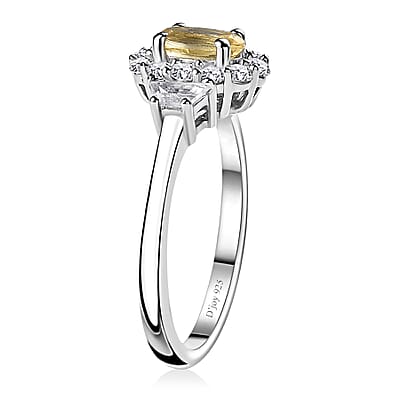 Brazilian Sunfire Beryl and White Zircon Halo Ring in Platinum Over Sterling Silver (Size 10.0) 1.10 ctw