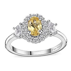 Brazilian Sunfire Beryl and White Zircon Halo Ring in Platinum Over Sterling Silver (Size 7.0) 1.10 ctw