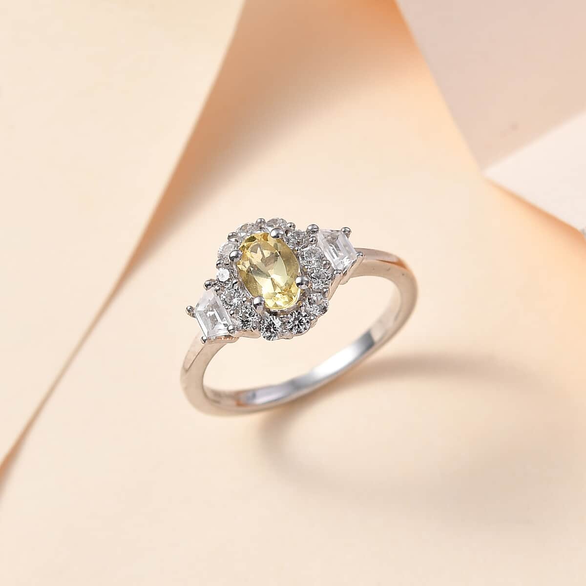 Brazilian Sunfire Beryl and White Zircon Halo Ring in Platinum Over Sterling Silver (Size 7.0) 1.10 ctw image number 1