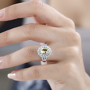 Brazilian Sunfire Beryl and White Zircon Halo Ring in Platinum Over Sterling Silver (Size 7.0) 1.10 ctw