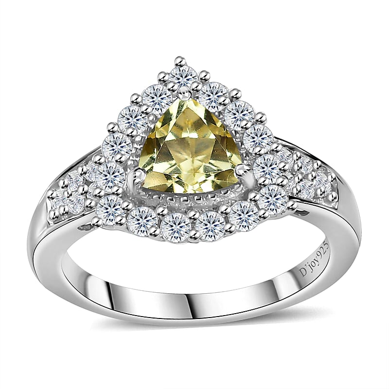 Brazilian Sunfire Beryl and Moissanite Halo Ring in Platinum Over Sterling Silver (Size 10.0) 1.30 ctw