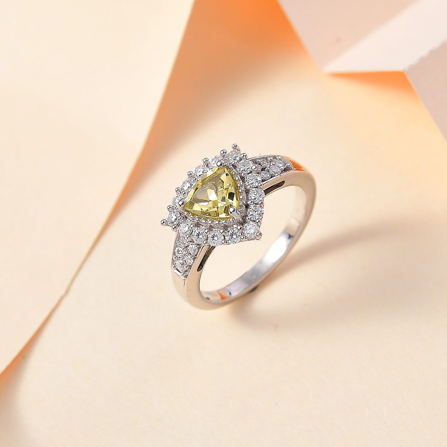 Brazilian Sunfire Beryl and Moissanite Halo Ring in Platinum Over Sterling Silver (Size 10.0) 1.30 ctw
