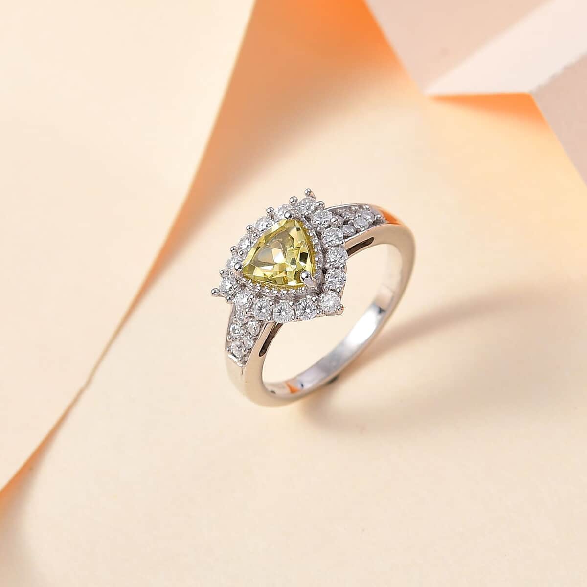 Brazilian Sunfire Beryl and Moissanite Halo Ring in Platinum Over Sterling Silver (Size 5.0) 1.30 ctw image number 1