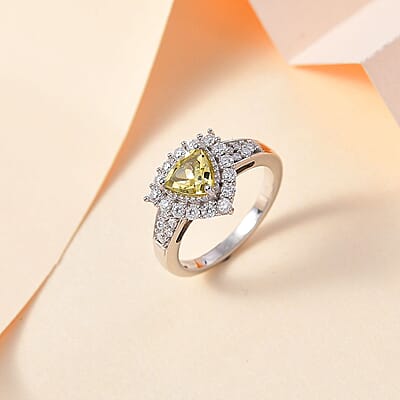 Brazilian Sunfire Beryl and Moissanite Halo Ring in Platinum Over Sterling Silver (Size 5.0) 1.30 ctw
