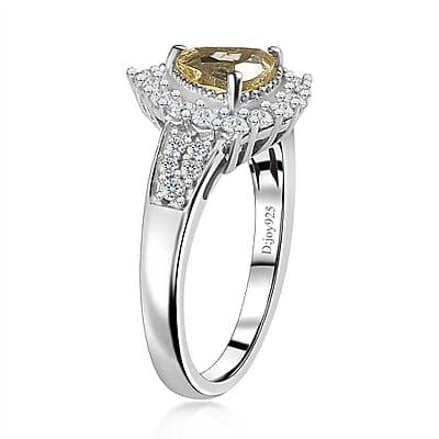 Brazilian Sunfire Beryl and Moissanite Halo Ring in Platinum Over Sterling Silver (Size 5.0) 1.30 ctw