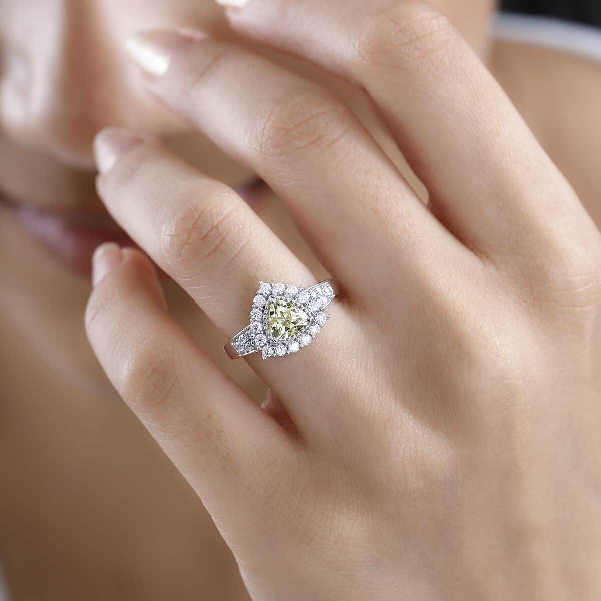 Brazilian Sunfire Beryl and Moissanite Halo Ring in Platinum Over Sterling Silver (Size 6.0) 1.30 ctw image number 2