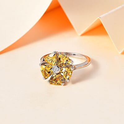 Brazilian Sunfire Beryl and Moissanite Floral Ring in Platinum Over Sterling Silver (Size 10.0) 2.10 ctw