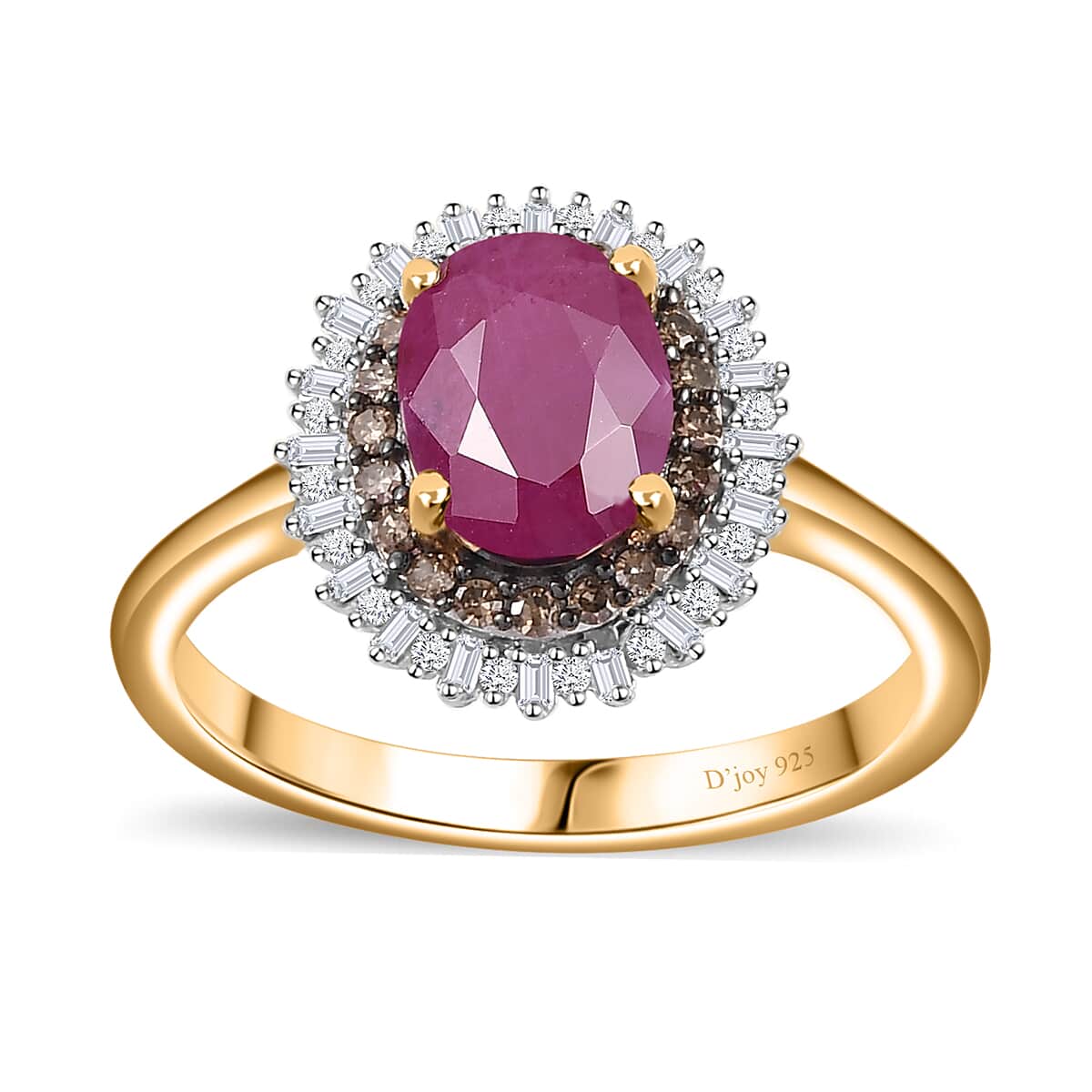 Premium Taveta Ruby, Natural Champagne and White Diamond Double Halo Ring in Vermeil Yellow Gold Over Sterling Silver 1.90 ctw image number 0