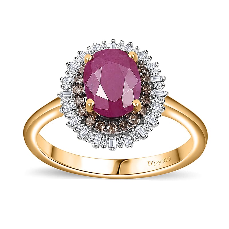 Premium Royal Ruby, Natural Champagne and White Diamond Double Halo Ring in Vermeil Yellow Gold Over Sterling Silver (Size 10.0) 1.90 ctw
