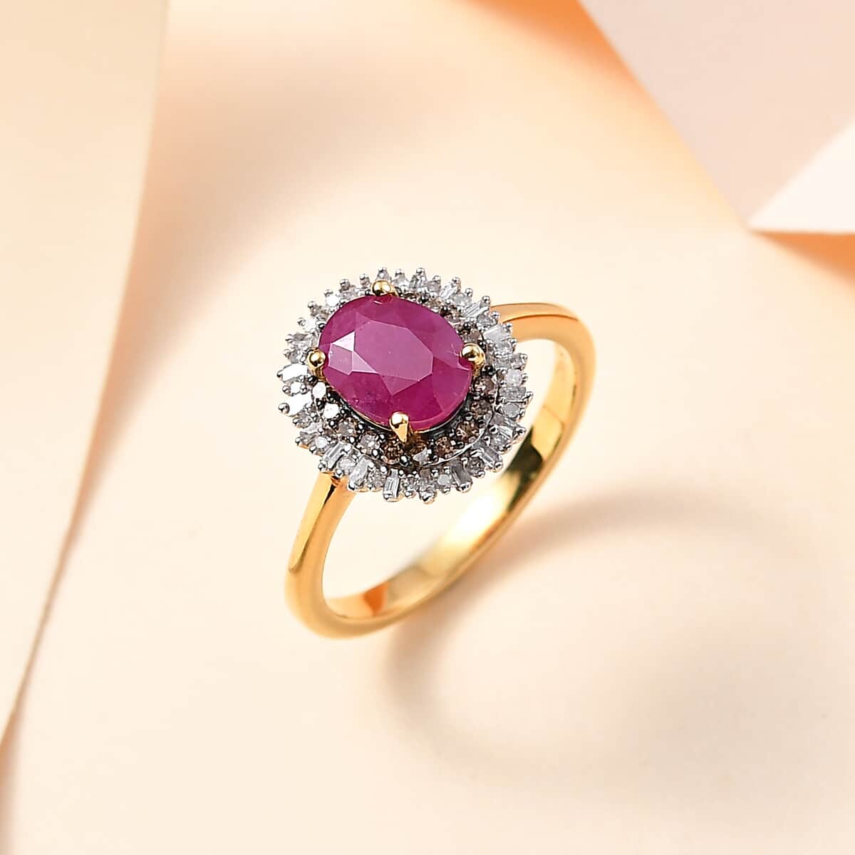 Premium Taveta Ruby, Natural Champagne and White Diamond Double Halo Ring in Vermeil Yellow Gold Over Sterling Silver 1.90 ctw image number 1