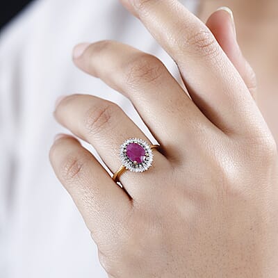 Premium Royal Ruby, Natural Champagne and White Diamond Double Halo Ring in Vermeil Yellow Gold Over Sterling Silver (Size 10.0) 1.90 ctw