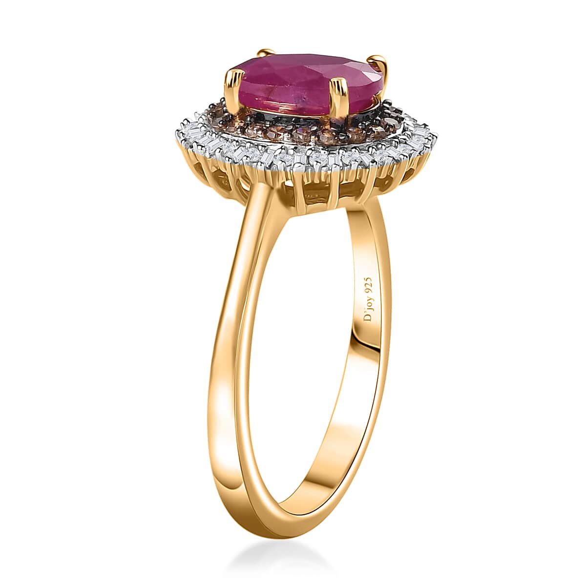 Premium Taveta Ruby, Natural Champagne and White Diamond Double Halo Ring in Vermeil Yellow Gold Over Sterling Silver 1.90 ctw image number 3