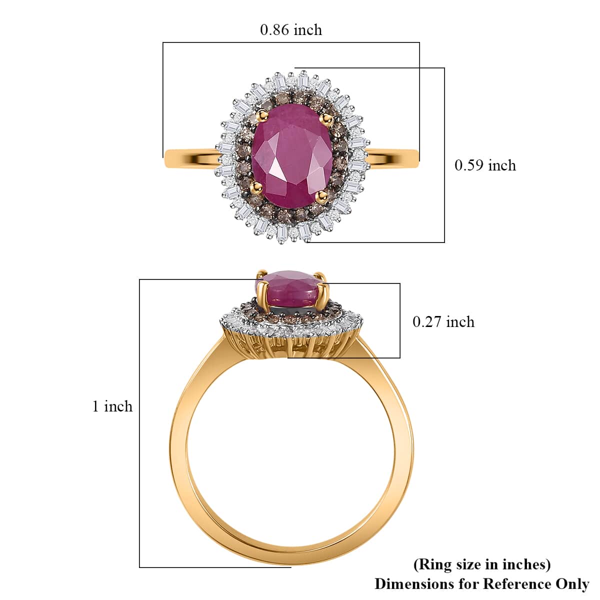 Premium Taveta Ruby, Natural Champagne and White Diamond Double Halo Ring in Vermeil Yellow Gold Over Sterling Silver 1.90 ctw image number 5