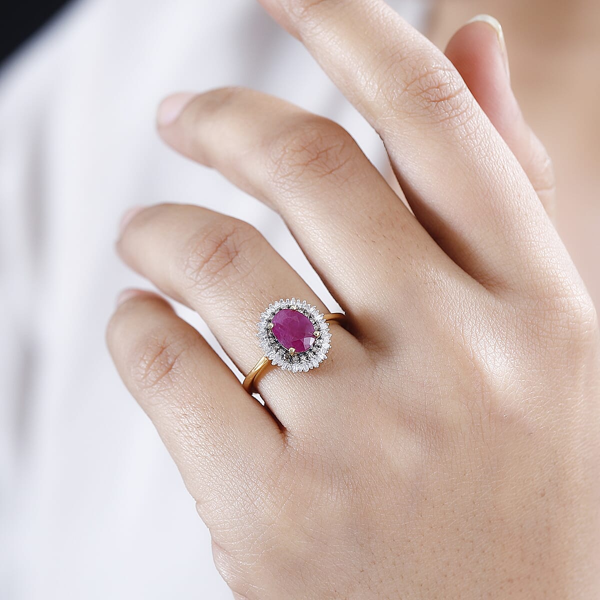 D'Joy Premium Royal Ruby, Natural Champagne and White Diamond Double Halo Ring in Vermeil Yellow Gold Over Sterling Silver (Size 7.0) 1.90 ctw image number 2