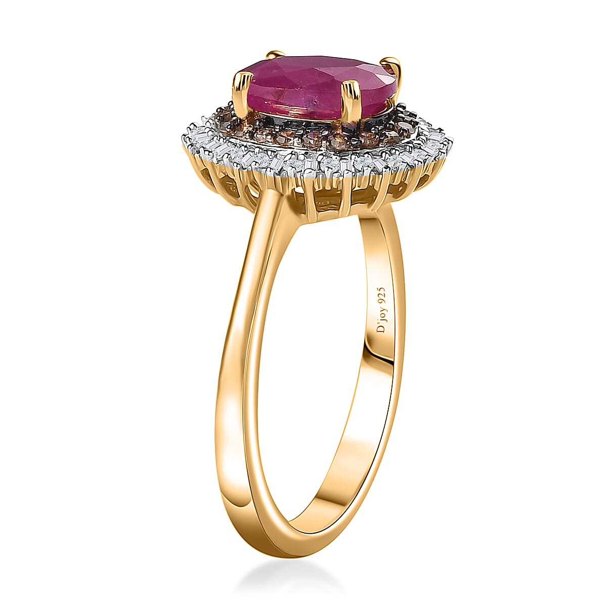 D'Joy Premium Royal Ruby, Natural Champagne and White Diamond Double Halo Ring in Vermeil Yellow Gold Over Sterling Silver (Size 7.0) 1.90 ctw image number 3