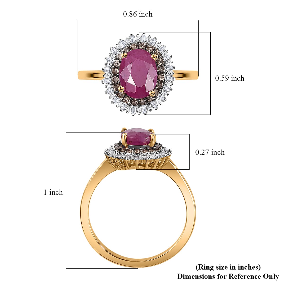 D'Joy Premium Royal Ruby, Natural Champagne and White Diamond Double Halo Ring in Vermeil Yellow Gold Over Sterling Silver (Size 7.0) 1.90 ctw image number 5