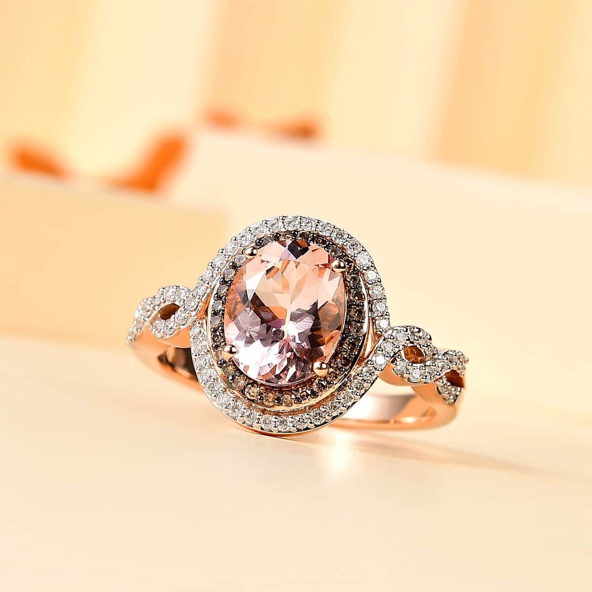 Luxoro 14K Rose Gold AAA Pink Morganite, Natural Champagne and White Diamond I2 Ring (Size 9.0) 5.50 Grams 2.65 ctw image number 1