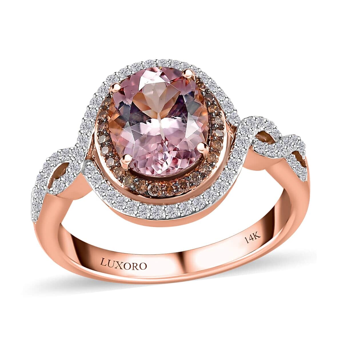 Certified & Appraised Luxoro AAA Pink Morganite, I2 Natural Champagne and White Diamond 2.75 ctw Ring in 14K Rose Gold (Size 10.5) 5.50 Grams image number 0