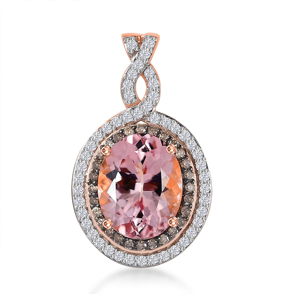 Certified & Appraised Luxoro 14K Rose Gold AAA Pink Morganite, Natural Champagne and White Diamond I2 Pendant 2.70 ctw image number 0