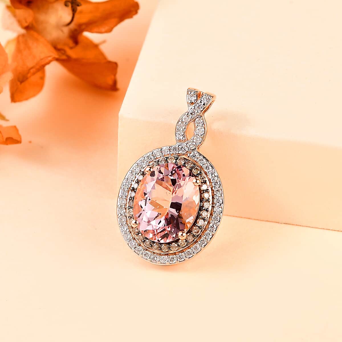 Certified & Appraised Luxoro 14K Rose Gold AAA Pink Morganite, Natural Champagne and White Diamond I2 Pendant 2.70 ctw image number 1